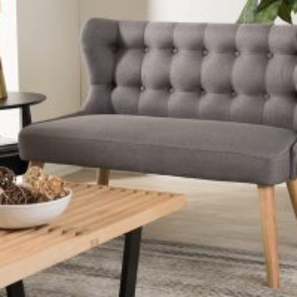 Melody Mid-Century Modern Grey Fabric and Natural Wood Finishing 2-Seater Settee Bench