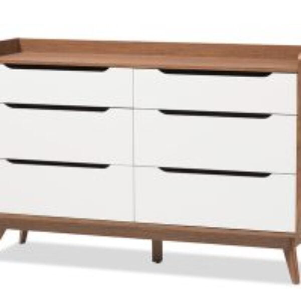 Brighton Mid-Century Modern White and Walnut Wood 6-Drawer Storage Dresser