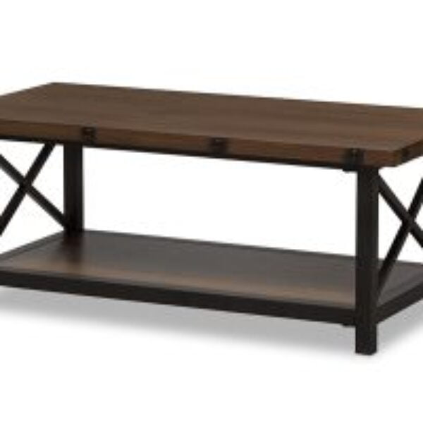 Herzen Rustic Industrial Style Antique Black Textured Finished Metal Distressed Wood Occasional Cocktail Coffee Table