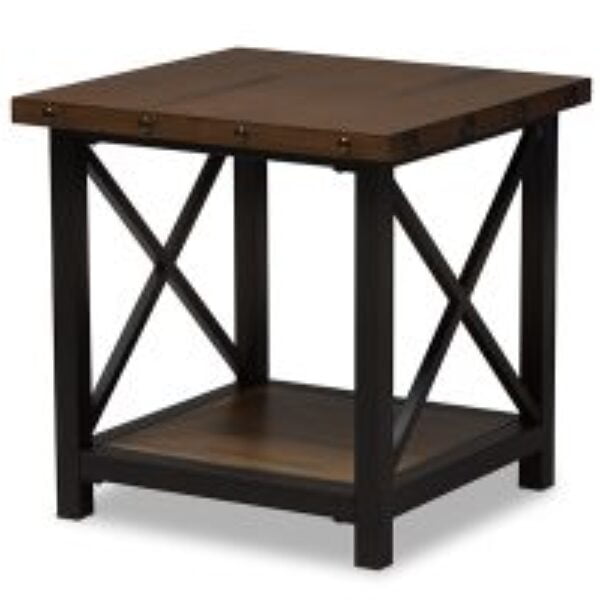 Herzen Rustic Industrial Style Antique Black Textured Finished Metal Distressed Wood Occasional End Table