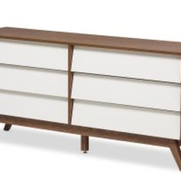 Hildon Mid-Century Modern White and Walnut Wood 6-Drawer Storage Dresser