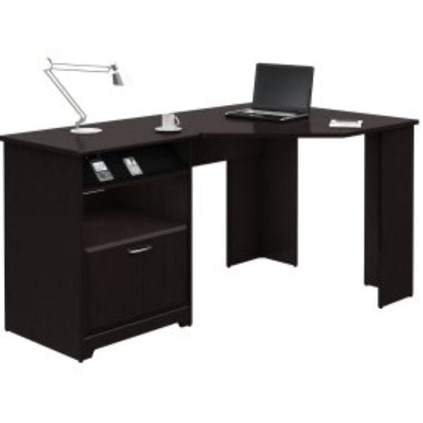 L-Shaped Corner Computer Desk with File Drawer in Espresso Wood Finish