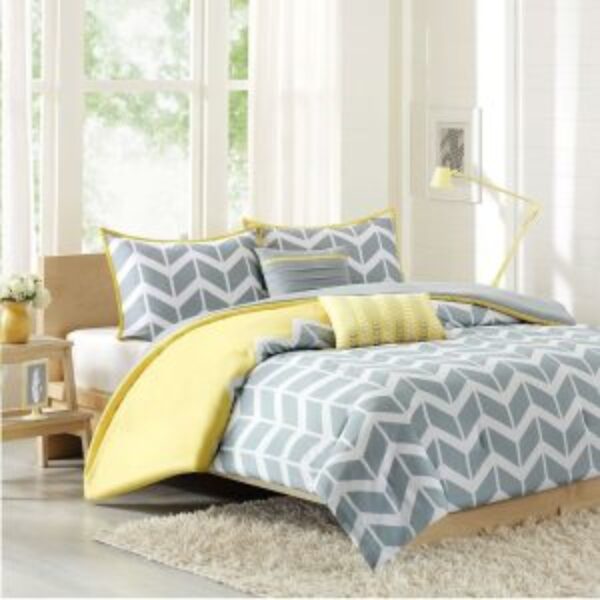 Full/Queen 5-Piece Chevron Stripes Comforter Set in Gray White Yellow