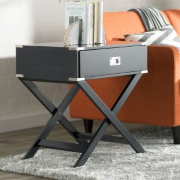 Dark Grey Black 1-Drawer End Table Nightstand with Modern Classic X Style Legs
