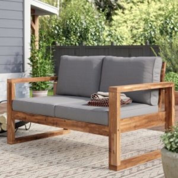 FarmHouse Modern Outdoor Acacia Loveseat with Grey Cushion