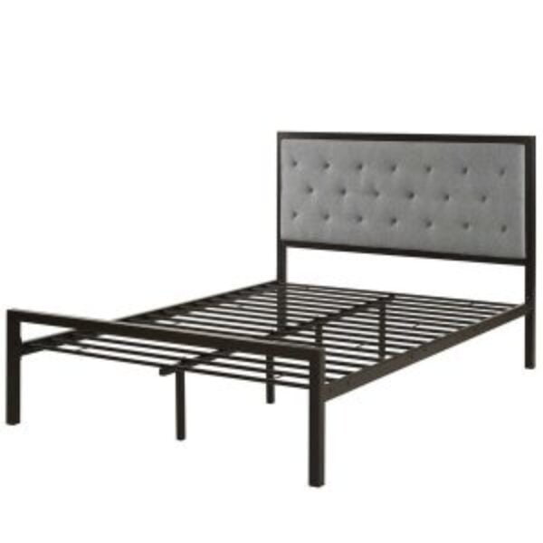 Full Metal Platform Bed with Grey Upholstered Button Tufted Fabric Headboard