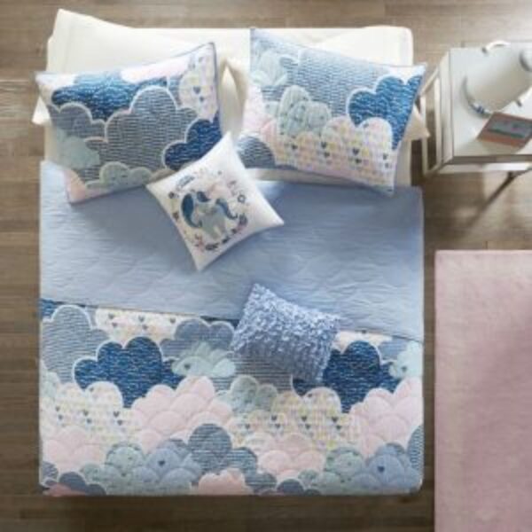 Full/Queen Kids Blue Pink Unicorn Clouds Quilt Coverlet Bedspread Set