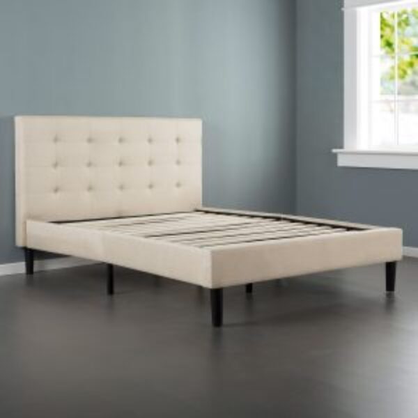 Full size Platform Bed Frame with Taupe Button Tufted Upholstered Headboard