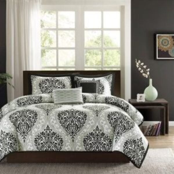 King size 5-Piece Damask White Black Comforter Set