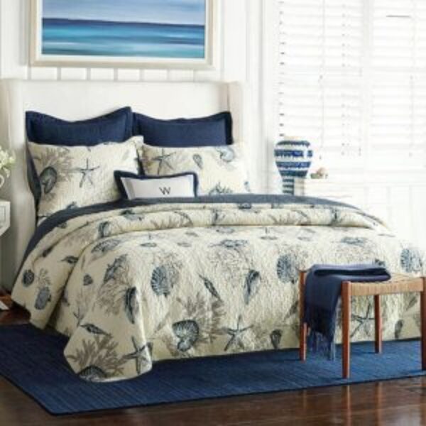King size 3-Piece Bedspread Quilt Set in 100-Percent Cotton with Seashells Ocean Beach Nautical Pattern
