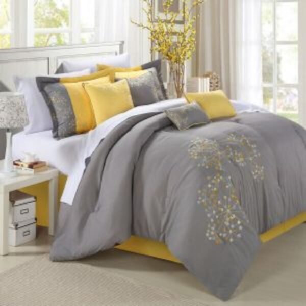 King size 8-Piece Modern Yellow Grey Floral Comforter Set