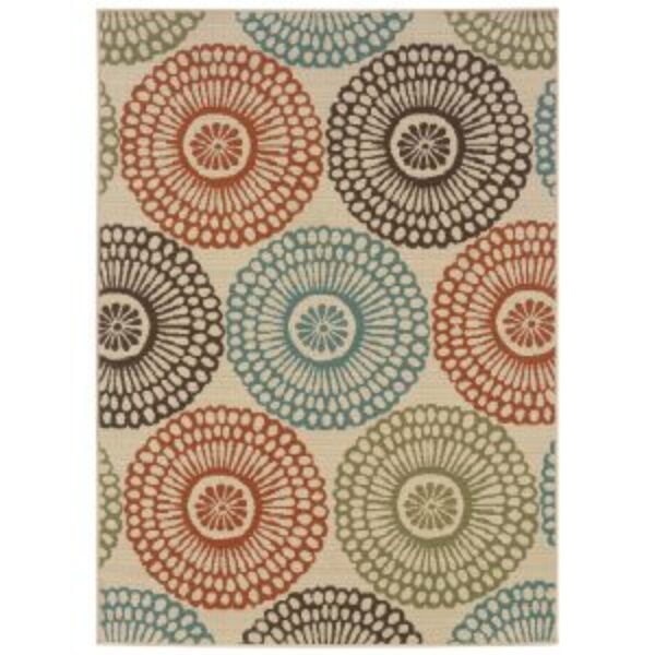 7'10" x 10'10" Indoor / Outdoor Beige Area Rug with Colorful Circle Pattern
