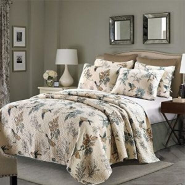 Queen 3-Piece Cotton Quilt Bedspread Set with Floral Birds Pattern