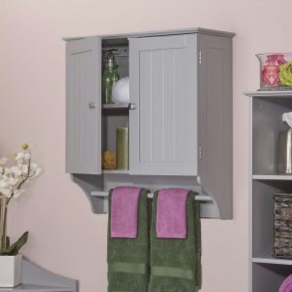 Gray 2-Door Bathroom Wall Cabinet with Towel Bar