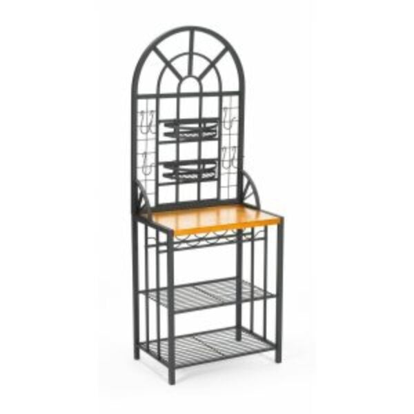 Black Steel Bakers Rack with Utility Hooks and Storage Shelving