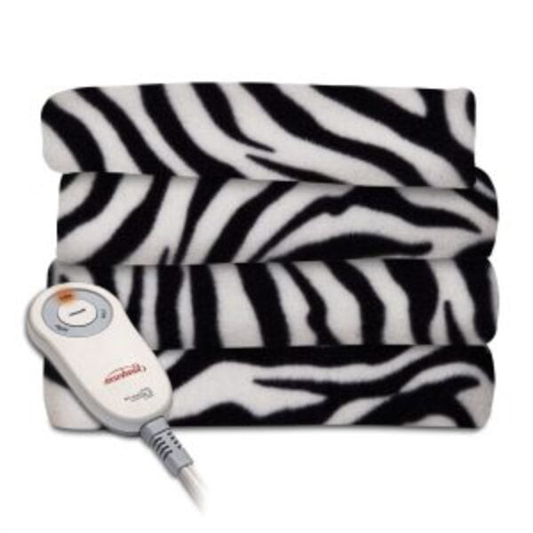 Zebra Fleece Heated Electric Throw Blanket in Black and White