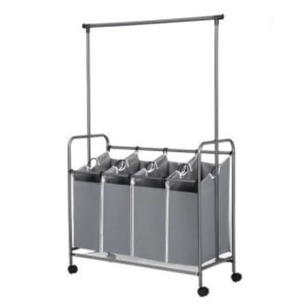 Grey 4-Bag Laundry Cart Hamper with Hanging Garment Rack Bar