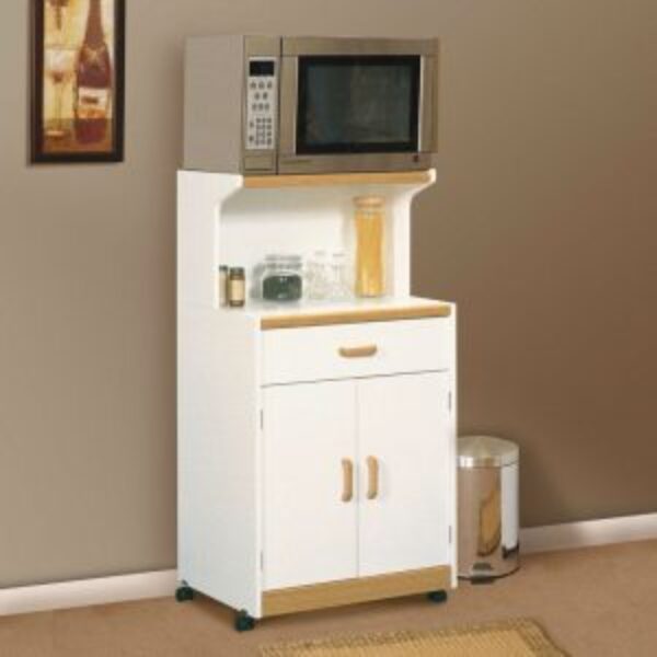 White Microwave Cart with Natural Wood Finish Accents and Sturdy Casters Wheels