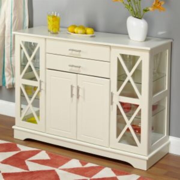 White Wood Buffet Sideboard Cabinet with Glass Display Doors