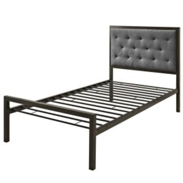 Twin Metal Platform Bed with Gray Fabric Button Tufted Upholstered Headboard
