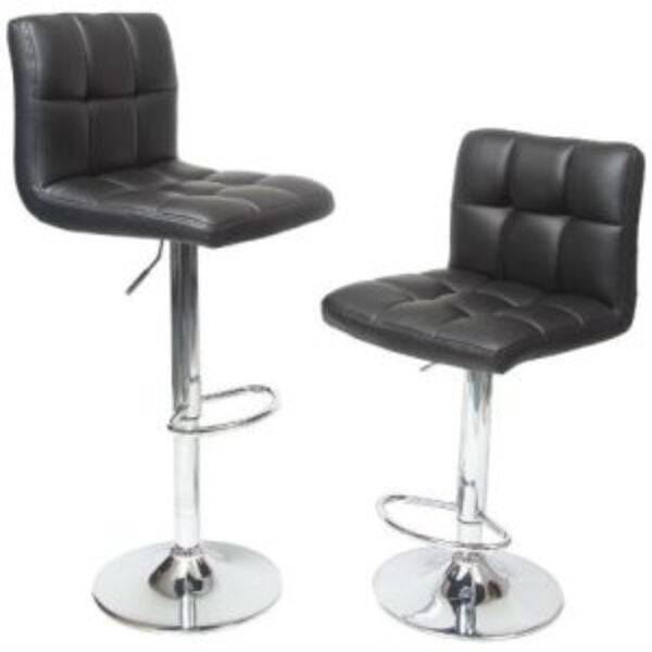 Set of 2 - Adjustable Height Bar Stool with Black Faux Leather Cushion Seat