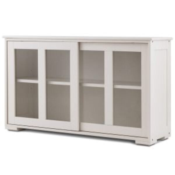Modern Cream White Wood Buffet Sideboard Cabinet with Glass Sliding Door