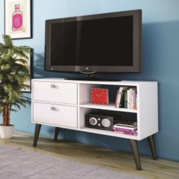 White Grey Wood Modern Classic Mid-Century Style TV Stand Entertainment Center
